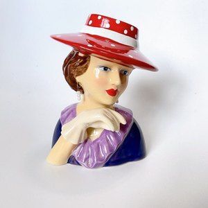 Lady Head Vase Ceramic Red Hat Purple Dress